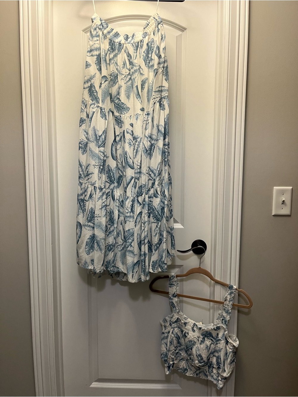 Elan White Maxi Skirt with Blue Leaf Print